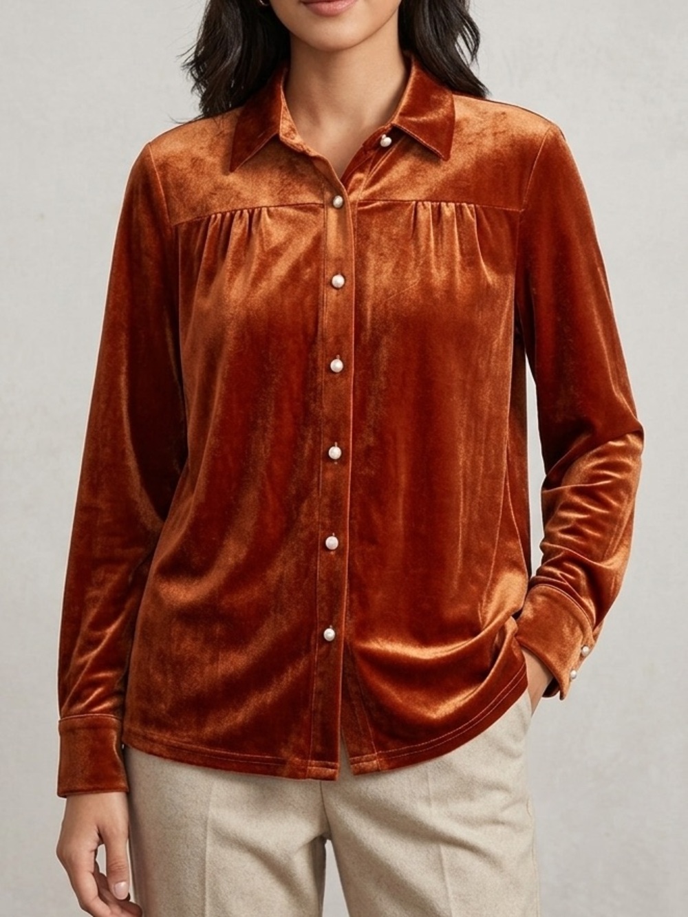 SHEIN Cognac Velvet Button-Front Blouse - Size 4